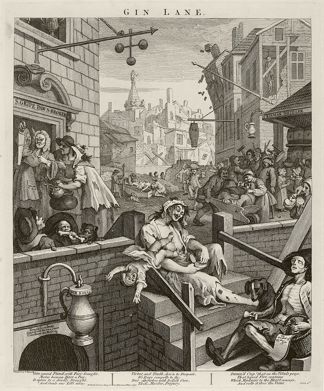 Black and white etching of an 18th century street scene depicting groups of villagers drinking and socializing.