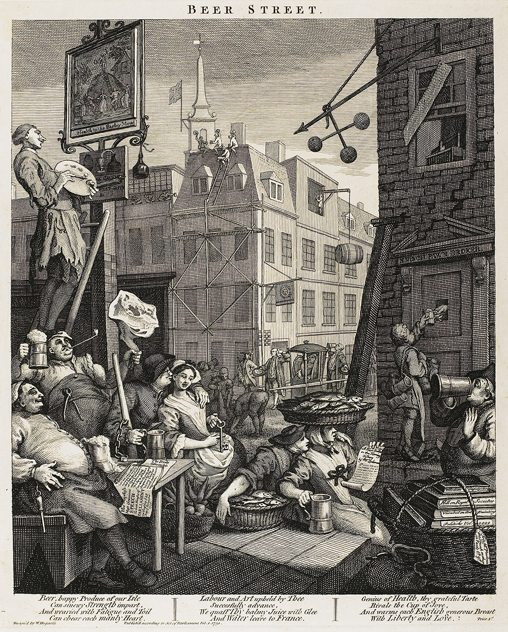 Black and white etching of an 18th century scene depicting the street life of villagers drinking beer and socializing.