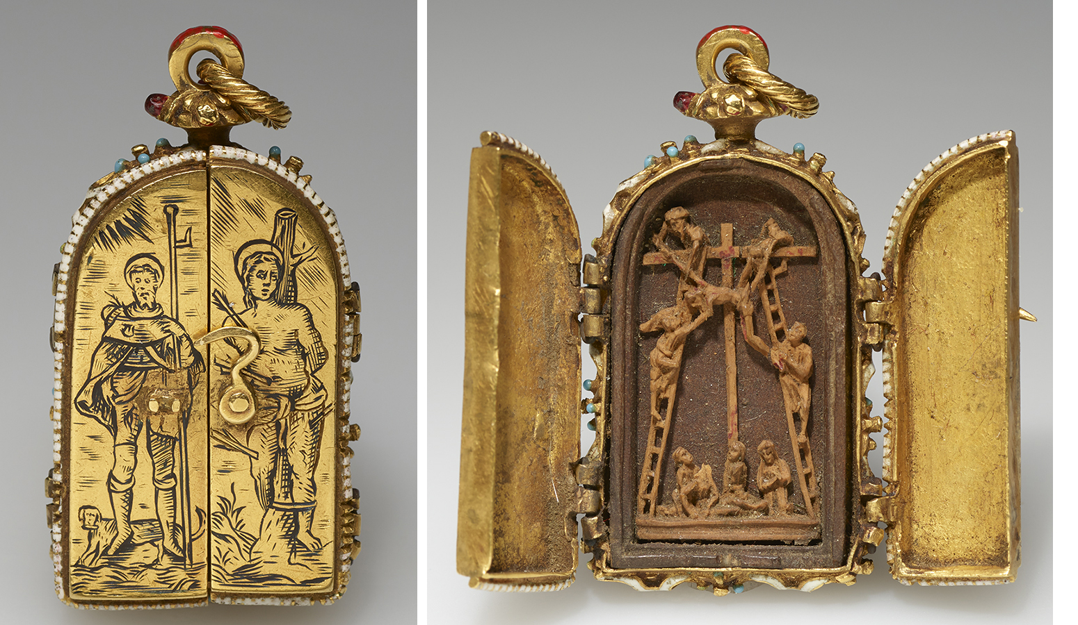 A tiny gold pendant that opens to reveal Christ’s dead body being taken down from the cross. The exterior depicts two popular saints, Saint Roch and Saint Sebastian.