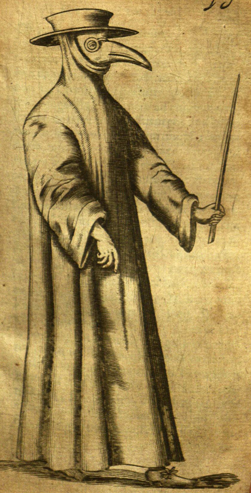 Black and white illustration of a beak doctor, a man wearing long robes and a mask with crystal eyes and a long beak-like nose filled with perfumes.