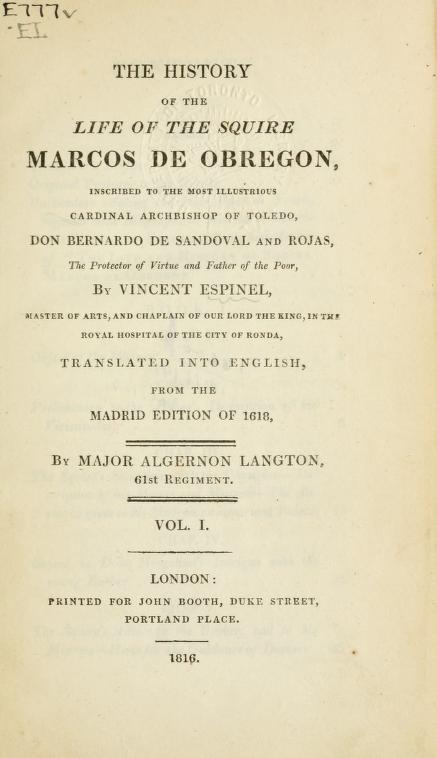 Book Cover: The history of the life of the squire Marcos de Obregon, vol. I